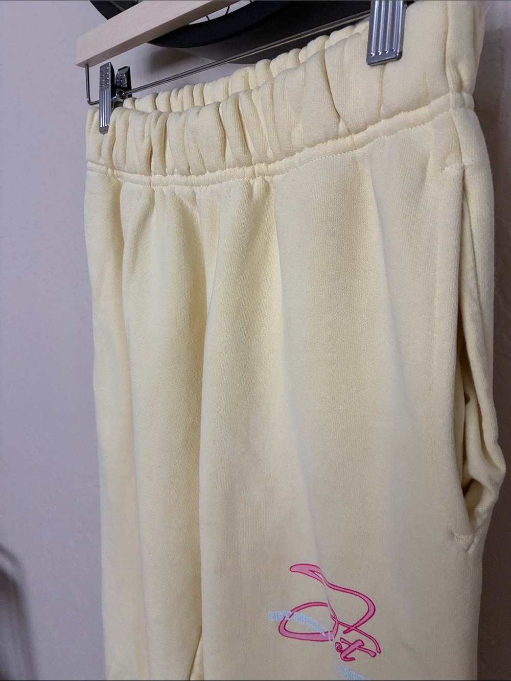 SET Active Soft Yellow Fleece Joggers with Pink Script Logo - Picture 3 of 9